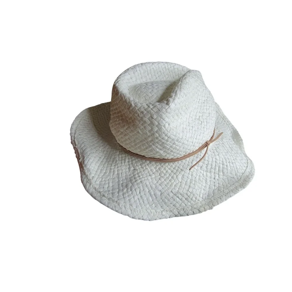 NWOT New Treasure Bond Straw Cowboy Sun Hat White Brown Leather Ribbon ONE SIZE